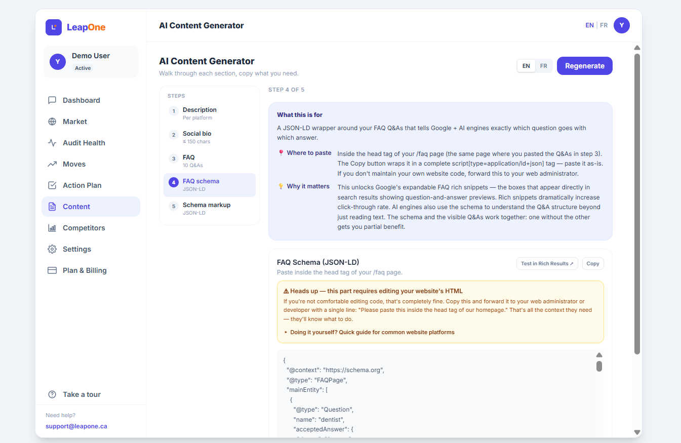 Il produit même les données structurées FAQ et LocalBusiness (JSON-LD) que l’IA lit — aucune compétence en code requise